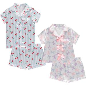 BTween Girls Satin Pajama Set 4 Pack, Short Sleeve Button-Down Sleepwear for Kids, Soft and Breathable Nightwear(Bows)