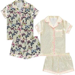 BTween Girls Satin Pajama Set 4 Pack, Short Sleeve Button-Down Sleepwear for Kids, Soft and Breathable Nightwear(Ditsy)