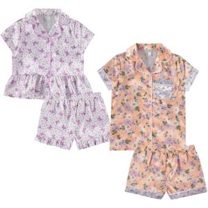 BTween Girls Satin Pajama Set 4 Pack, Short Sleeve Button-Down Sleepwear for Kids, Soft and Breathable Nightwear(Flowr)