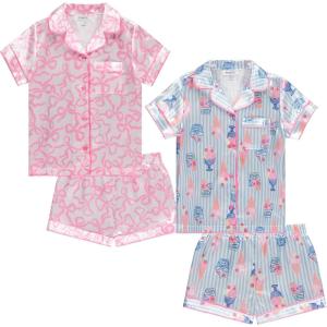 BTween Girls Satin Pajama Set 4 Pack, Short Sleeve Button-Down Sleepwear for Kids, Soft and Breathable Nightwear(Icrem)