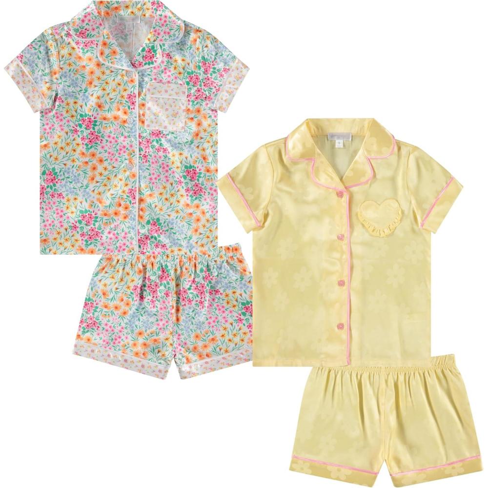 image:imageBTween Girls Satin Pajama Set 4 Pack Short Sleeve ButtonDown Sleepwear for Kids Soft and Breathable NightwearDaisy