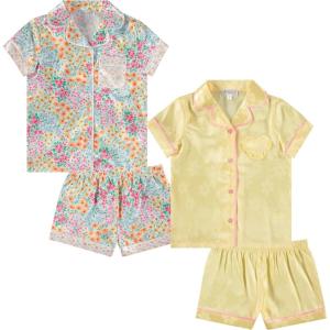 BTween Girls Satin Pajama Set 4 Pack, Short Sleeve Button-Down Sleepwear for Kids, Soft and Breathable Nightwear(Daisy)