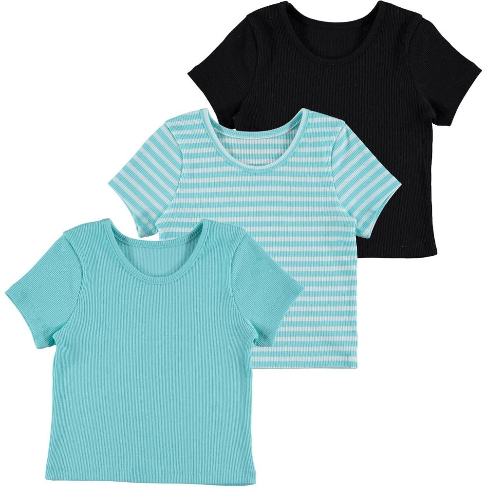 image:imageBTween Active Girls TShirts 3 Pack  Short Sleeve Ribbed Crewneck Tees Soft Stretch Casual Everyday Tops for GirlsAqua