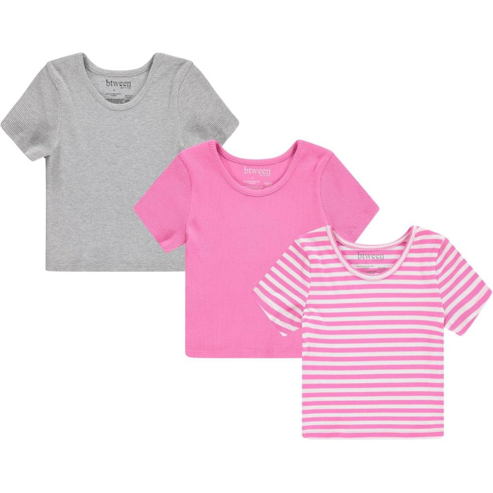 image:imageBTween Active Girls TShirts 3 Pack  Short Sleeve Ribbed Crewneck Tees Soft Stretch Casual Everyday Tops for GirlsPink