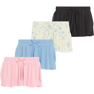 Girls 4 Pack Butterfly Shorts Lightweight Flowing Athletic Shorts with Elastic Waist Drawstring Sizes 4-16(Bloss)