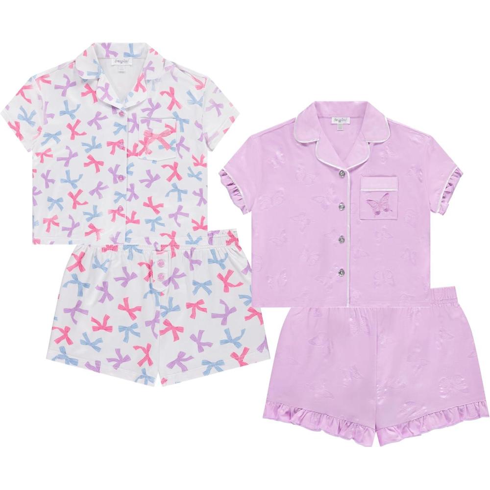 image:imageBTween Girls Pajama Set 4 Pack Short Sleeve ButtonDown Sleepwear with Shorts Soft Brushed ITY FabricBows