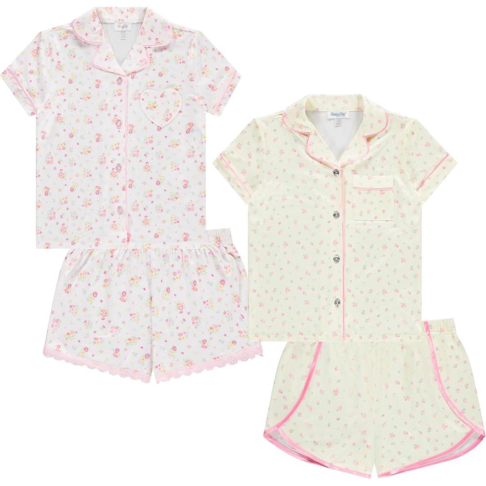 image:imageBTween Girls Pajama Set 4 Pack Short Sleeve ButtonDown Sleepwear with Shorts Soft Brushed ITY FabricBud