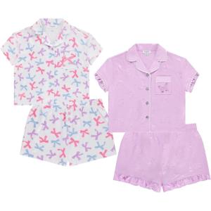 BTween Girls Pajama Set 4 Pack Short Sleeve Button-Down Sleepwear with Shorts, Soft Brushed ITY Fabric(Bows)
