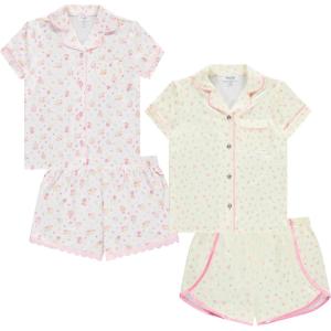 BTween Girls Pajama Set 4 Pack Short Sleeve Button-Down Sleepwear with Shorts, Soft Brushed ITY Fabric(Bud)