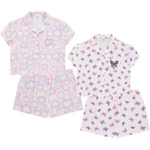 BTween Girls Pajama Set 4 Pack Short Sleeve Button-Down Sleepwear with Shorts, Soft Brushed ITY Fabric(Butfl)