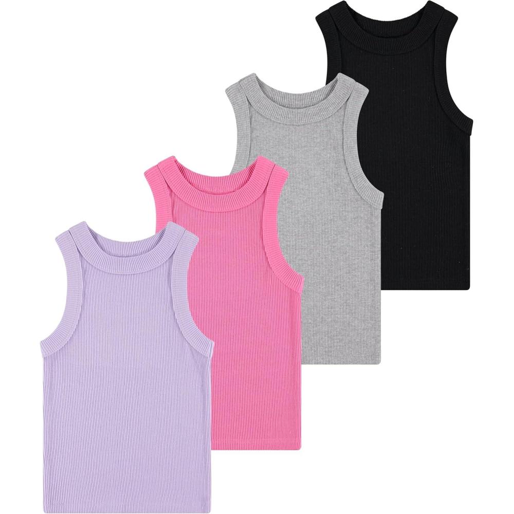 image:imageGirls 4 Pack Ribbed Tank Tops Sleeveless Cotton Blend Tees for Everyday Wear Layering or Summer Outfits Sizes 414Grey