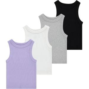 Girls 4 Pack Ribbed Tank Tops Sleeveless Cotton Blend Tees for Everyday Wear, Layering, or Summer Outfits (Sizes 4-14)(Laven)