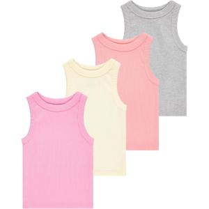 Girls 4 Pack Ribbed Tank Tops Sleeveless Cotton Blend Tees for Everyday Wear, Layering, or Summer Outfits (Sizes 4-14)(Yellow)