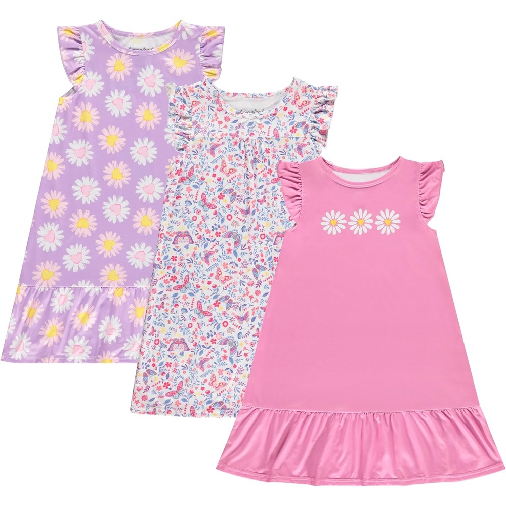 image:imageBTween Girls Nightgowns 3 Pack Soft Ruffle Sleeve Sleep Shirts Brushed ITY Fabric Floral amp Heart PrintsGreen
