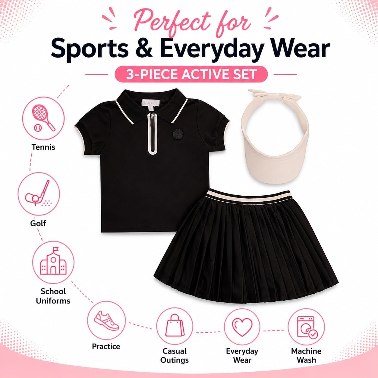 image:imageBTween Active Girls Polo Shirt amp Tennis Skort Set Short Sleeve Quarter Zip Polo Top with Pleated SkortBlack