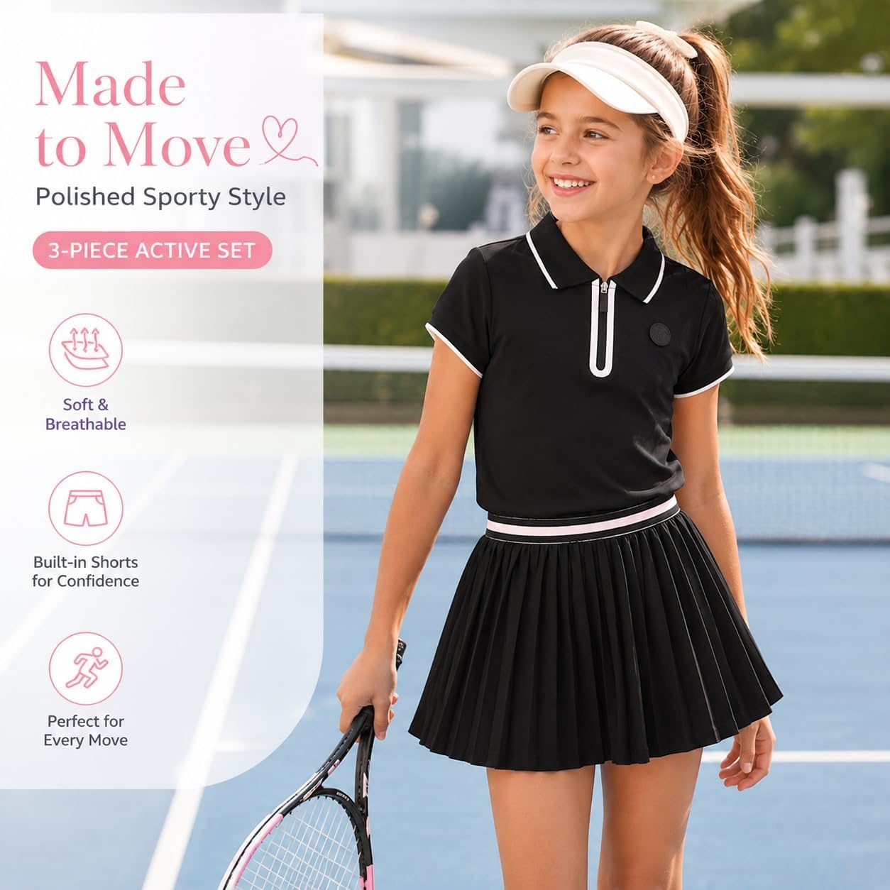 image:imageBTween Active Girls Polo Shirt amp Tennis Skort Set Short Sleeve Quarter Zip Polo Top with Pleated SkortBlack