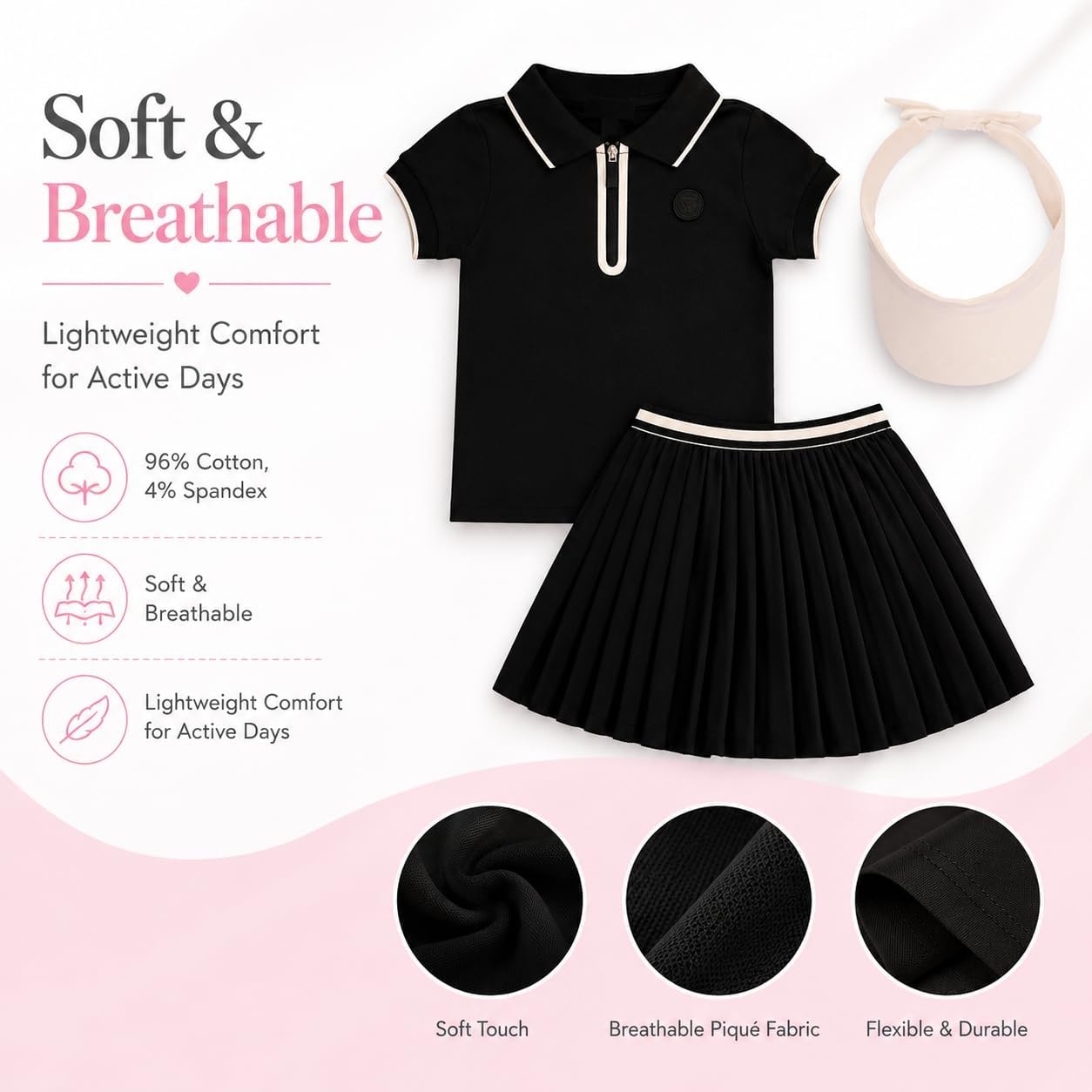 image:imageBTween Active Girls Polo Shirt amp Tennis Skort Set Short Sleeve Quarter Zip Polo Top with Pleated SkortBlack
