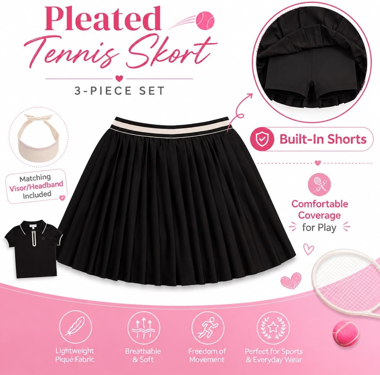 image:imageBTween Active Girls Polo Shirt amp Tennis Skort Set Short Sleeve Quarter Zip Polo Top with Pleated SkortBlack