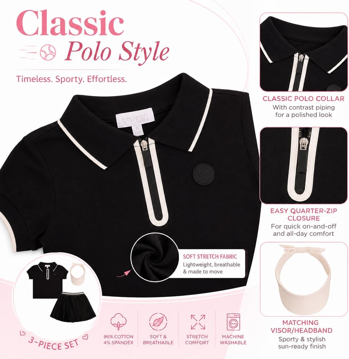 image:imageBTween Active Girls Polo Shirt amp Tennis Skort Set Short Sleeve Quarter Zip Polo Top with Pleated SkortBlack