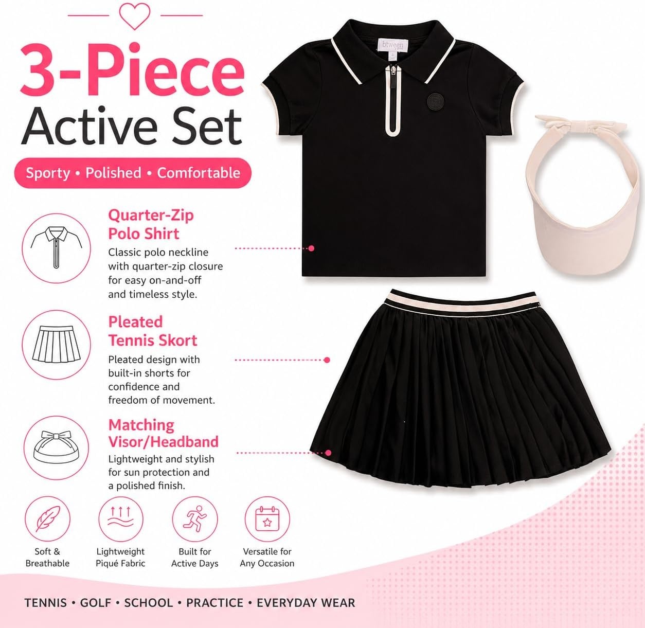 image:imageBTween Active Girls Polo Shirt amp Tennis Skort Set Short Sleeve Quarter Zip Polo Top with Pleated SkortBlack
