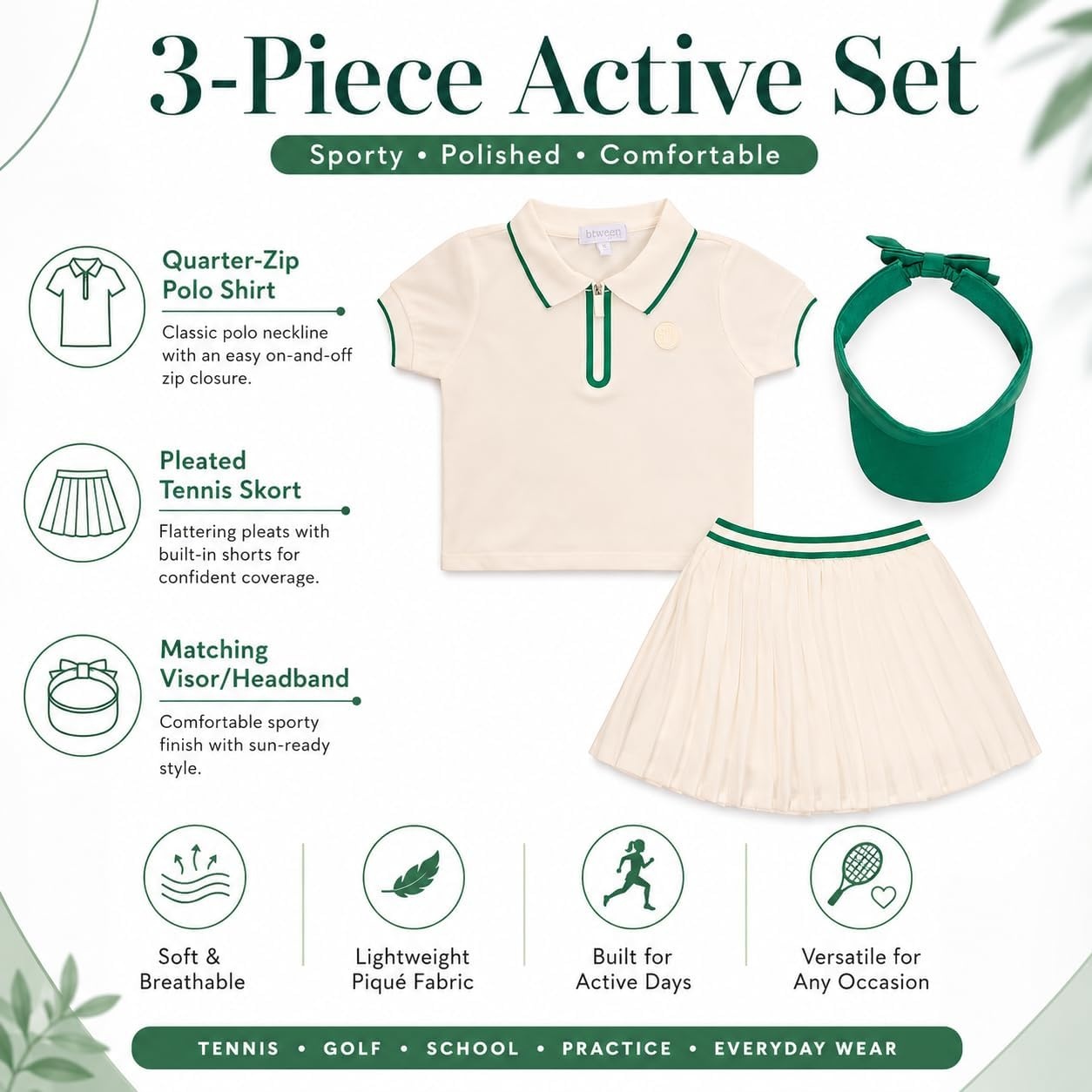 image:imageBTween Active Girls Polo Shirt amp Tennis Skort Set Short Sleeve Quarter Zip Polo Top with Pleated SkortCloud