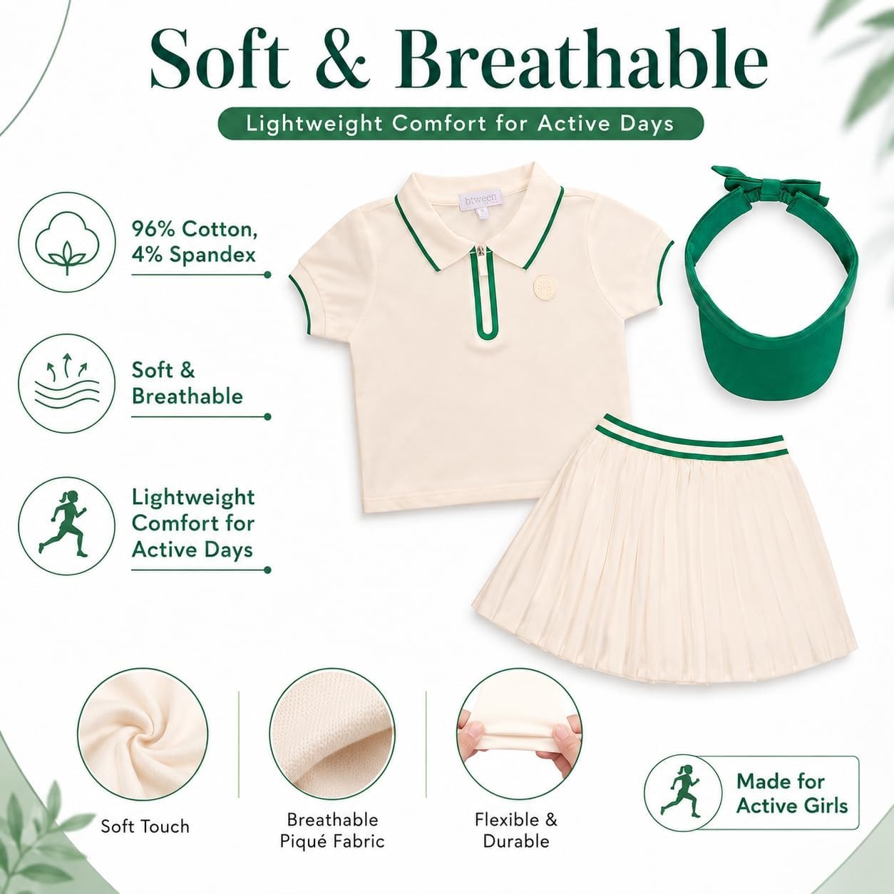 image:imageBTween Active Girls Polo Shirt amp Tennis Skort Set Short Sleeve Quarter Zip Polo Top with Pleated SkortCloud