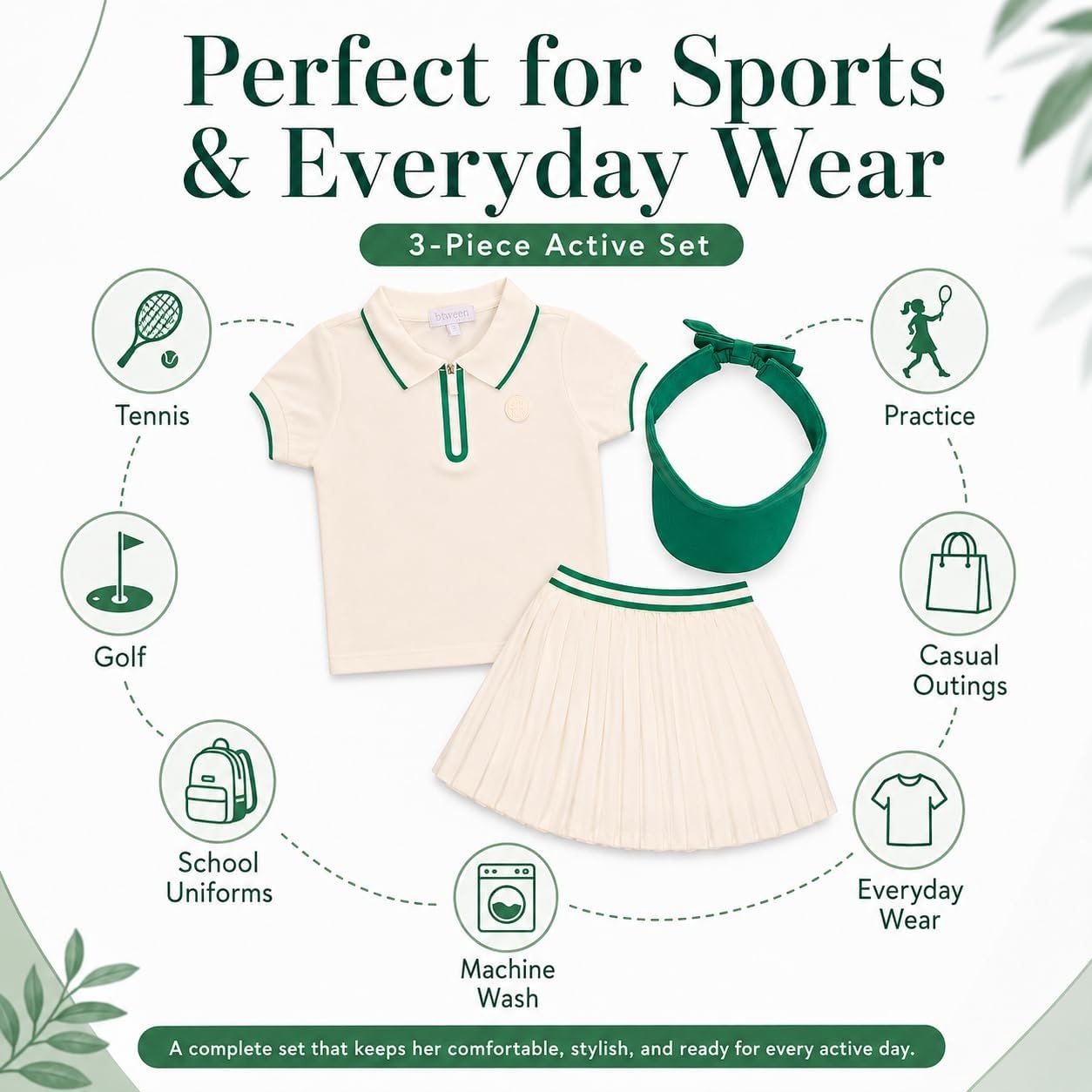 image:imageBTween Active Girls Polo Shirt amp Tennis Skort Set Short Sleeve Quarter Zip Polo Top with Pleated SkortCloud