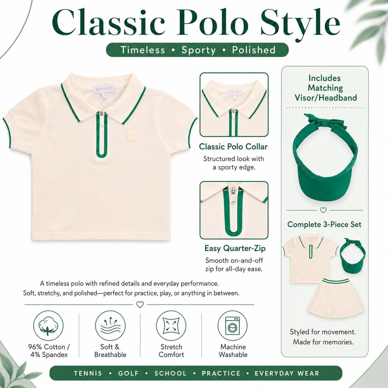 image:imageBTween Active Girls Polo Shirt amp Tennis Skort Set Short Sleeve Quarter Zip Polo Top with Pleated SkortCloud