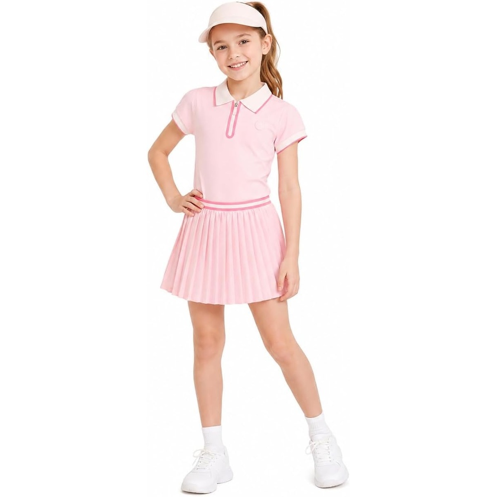 image:imageBTween Active Girls Polo Shirt amp Tennis Skort Set Short Sleeve Quarter Zip Polo Top with Pleated SkortBalle