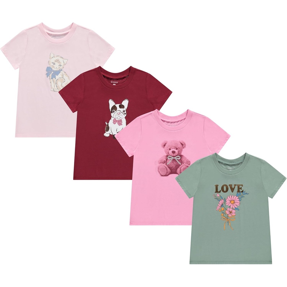 image:imageBTween Girls 4 Piece Tops Fashionable Short Sleeve TShirt Casual Daily Shirt for Kids Assorted ColorsRuby