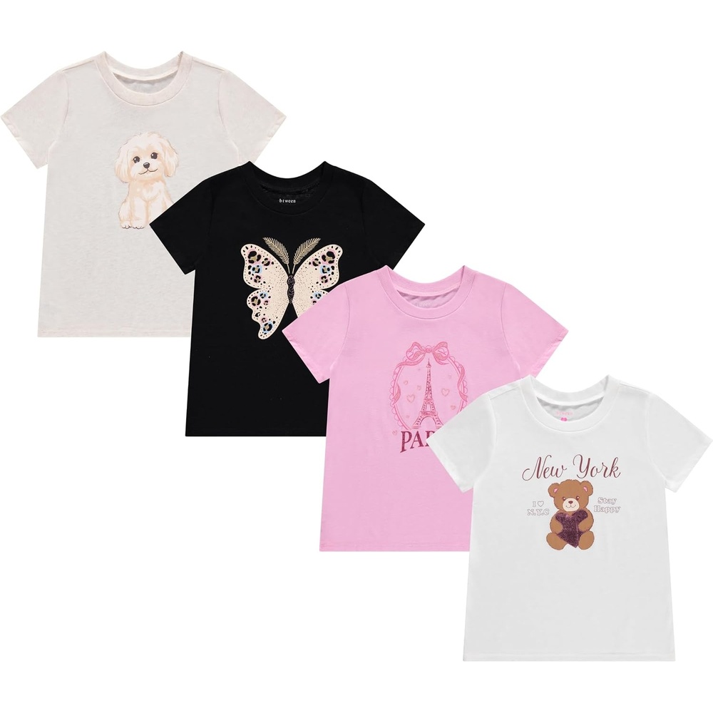 image:imageBTween Girls 4 Piece Tops Fashionable Short Sleeve TShirt Casual Daily Shirt for Kids Assorted ColorsTblk